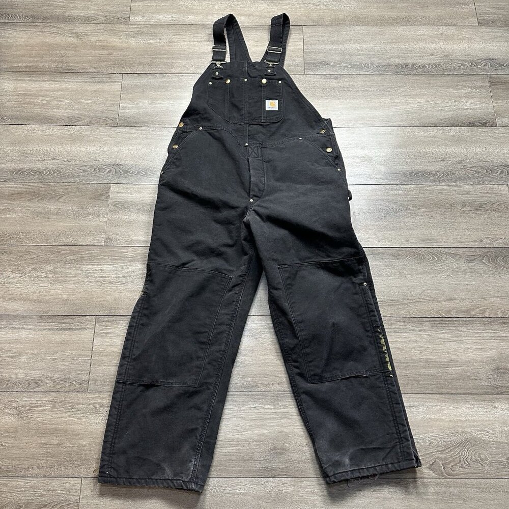 Carhartt Overalls Mens 42x30 Bib Black Double Knee Relaxed Fit Distressed